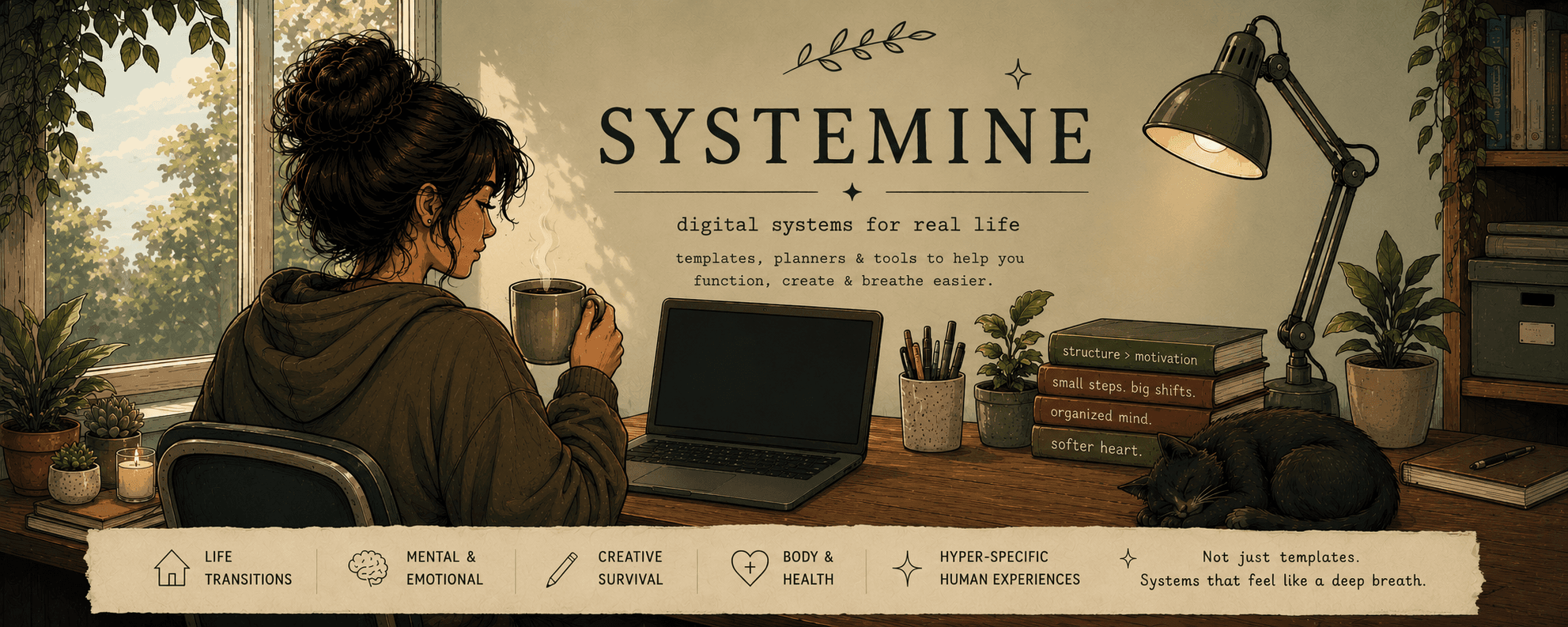 A cozy, plant-filled desk corner — the world of Systemine